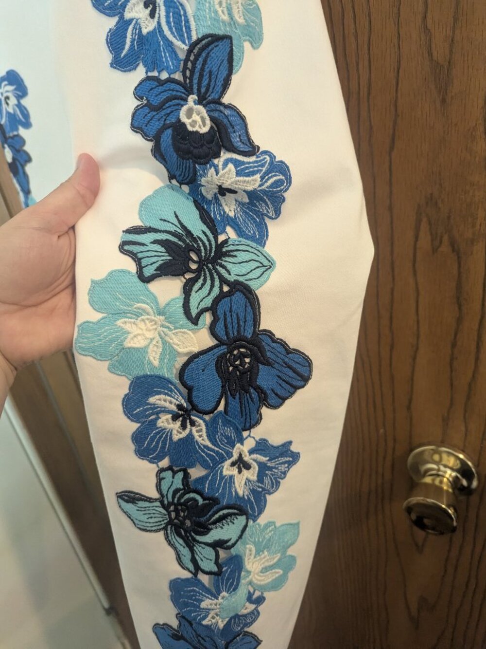 Carlisle White Pants with Blue Floral Embroidered Side Panels - Picture 5 of 7